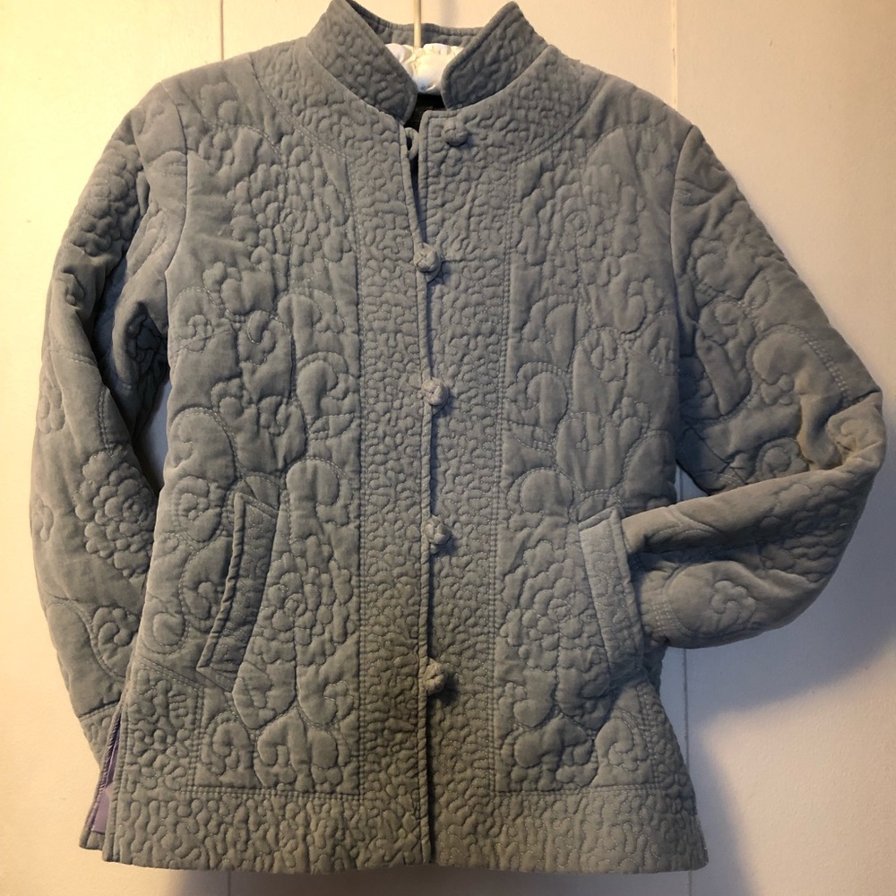 Cotton Velvet Quilted Jacket. Dusty Ice Blue.
